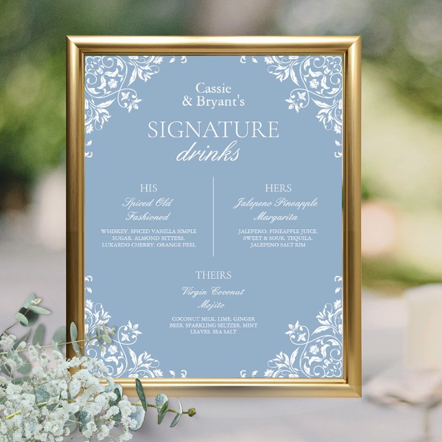 Póster Bebidas con firma de Boda de Moda azul y blanco (Elegant dusty blue and white bride and groom names signature drinks bar menu with his her theirs)