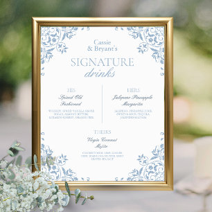 Póster Bebidas con firma de Boda de Moda azul y blanco