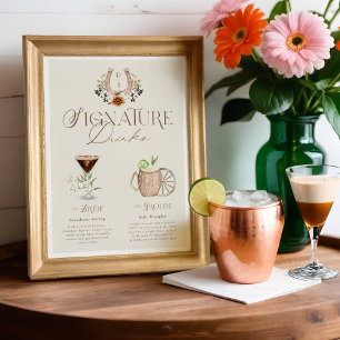 Póster Bebidas con firma de color de agua occidental y de