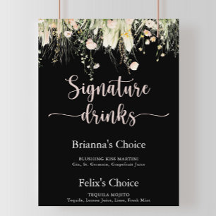Póster Bebidas con firma negra de flores silvestres