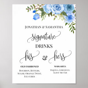 Póster Bebidas con firma Parejas Boda Rótulo floral azul