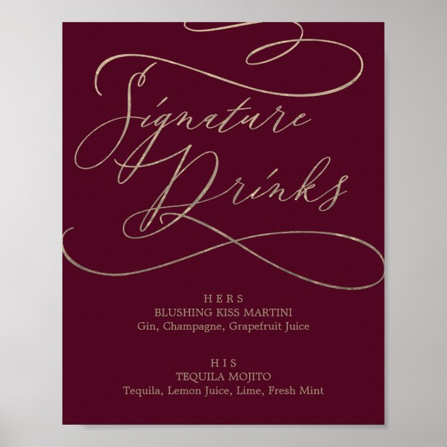 Póster Bebidas con firma romántica de caligrafía borgoña (Frente)