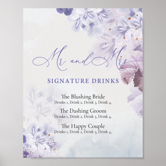 Póster Bebidas con firma rosa azul lila púrpura boho (Frente)
