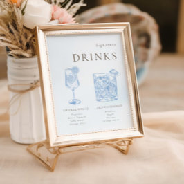 Póster Bebidas de autor de la línea floral azul francesa