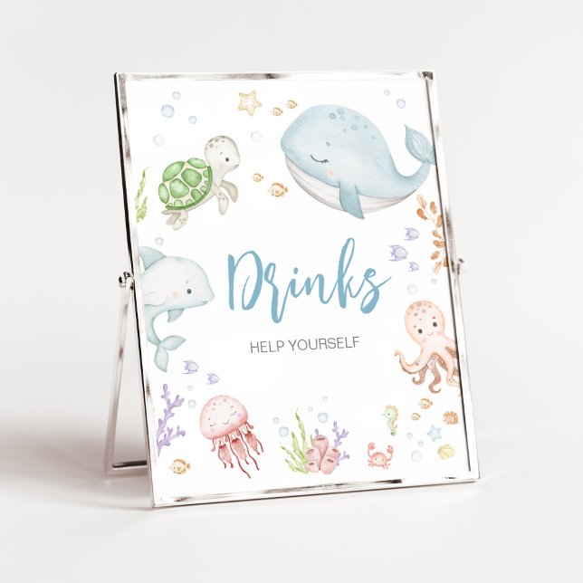 Póster Bebidas De Baby Shower Bajo El Mar (Sea Creatures Ocean Baby Shower Drinks Sign)