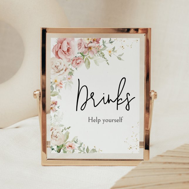 Póster Bebidas de Baby Shower con flores rosadas y turbia (Dusty Pink Floral Greenery Baby Shower Drinks Sign)