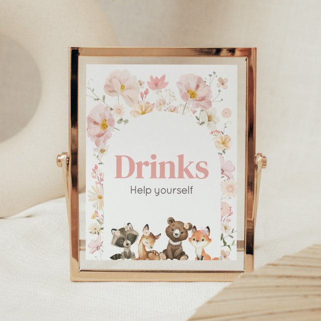 Póster Bebidas de Baby Shower de animales de bosque de fl (Pink Flower Woodland Animals Baby Shower Drinks Sign)