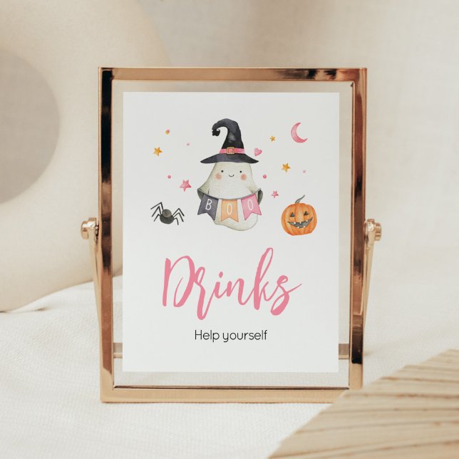 Póster Bebidas de Baby Shower de Fantasma Rosa Halloween (Little Boo Baby Shower Drinks Sign)