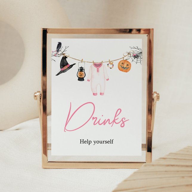 Póster Bebidas de Baby Shower de Pequeño Boo Rosa Hallowe (Halloween Baby Clothes Baby Shower Drinks Sign)