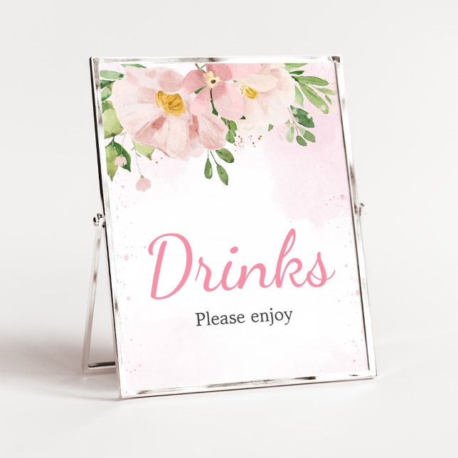 Póster Bebidas de Baby Shower de primavera con flores ros (Blush Pink Spring Floral Baby Shower Drinks Sign)