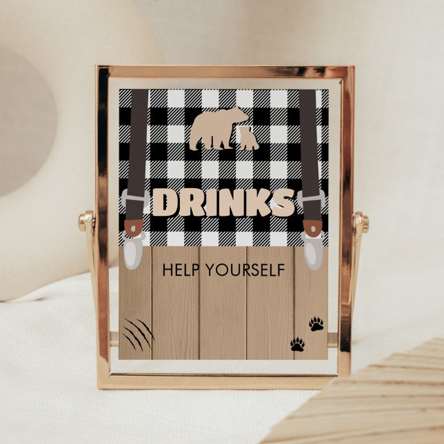 Póster Bebidas de Baby Shower rustic Plaid Lumberjack (Plaid Lumberjack Baby Shower Drinks Sign)