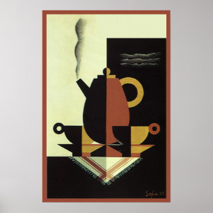 Póster Bebidas de Bebidas Vintage Cafetera con Tazas