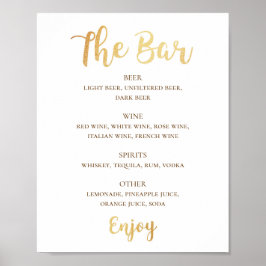 Póster Bebidas de boda de guion dorado. Barra de alcohol