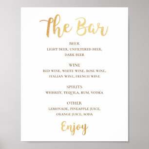 Póster Bebidas de boda de guion dorado. Barra de alcohol 
