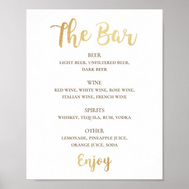 Póster Bebidas de boda de guion dorado. Barra de alcohol  (Frente)