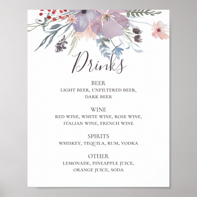 Póster Bebidas de boda floral púrpura acuosa (Frente)