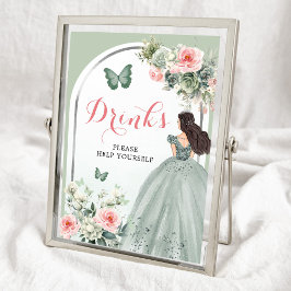 Póster Bebidas de Boho Sage Green Pink Floral Quinceañera