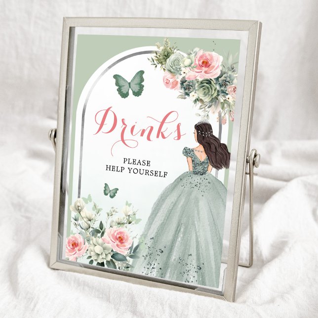 Póster Bebidas de Boho Sage Green Pink Floral Quinceañera (Subido por el creador)