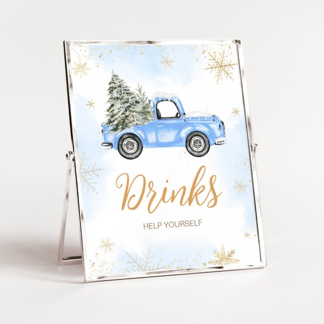 Póster Bebidas de camiones azules de invierno (Blue Baby It's Cold Outside Baby Shower Drinks Sign)