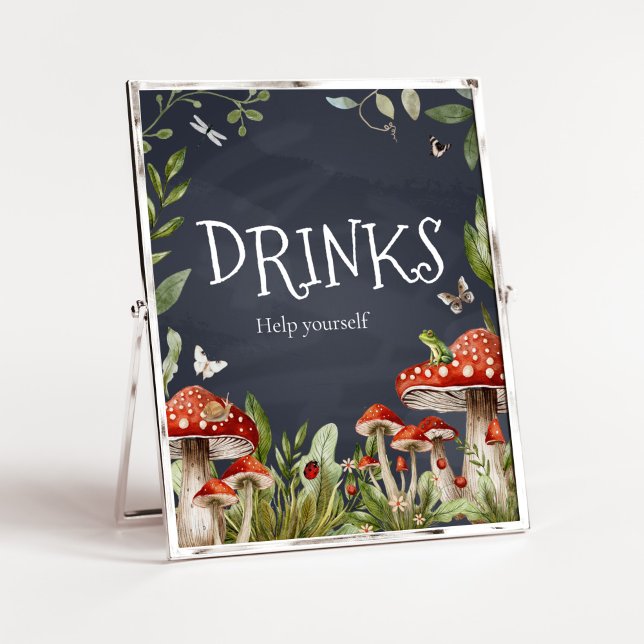 Póster Bebidas de champiñón estivales encantadas (Rustic Mushroom Baby Shower Drinks Sign)