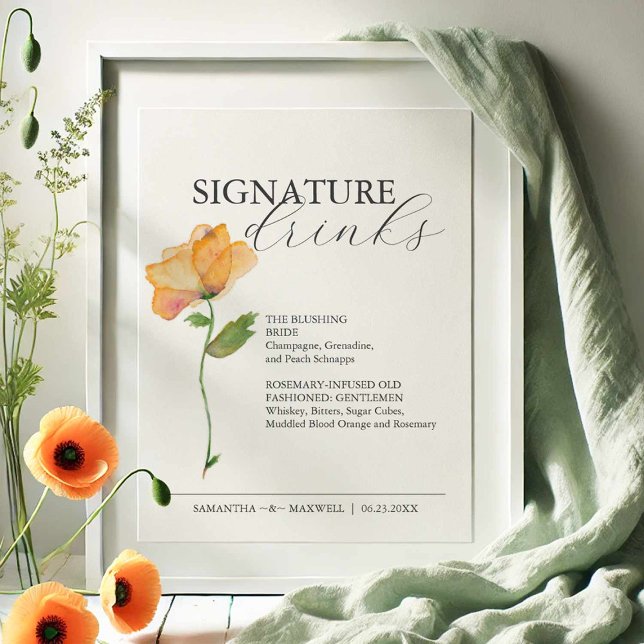 Póster Bebidas de firma Rótulo de Boda floral 8x10 (Signature cocktail sign features an elegant watercolor orange flower by Victoria Grigaliunas )