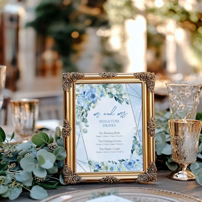 Póster Bebidas de firma rustica Dusty Blue Floral de plat (Rustic Dusty Blue Floral silver signature drinks Poster)