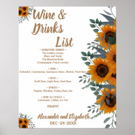 Póster Bebidas de girasoles y verde lista Boda nupcial
