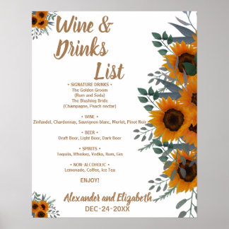 Póster Bebidas de girasoles y verde lista Boda nupcial