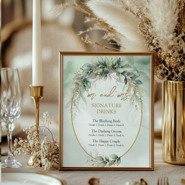 Póster Bebidas de oro de la moderna vegetación botánica (Modern botanical greenery gold signature drinks poster)