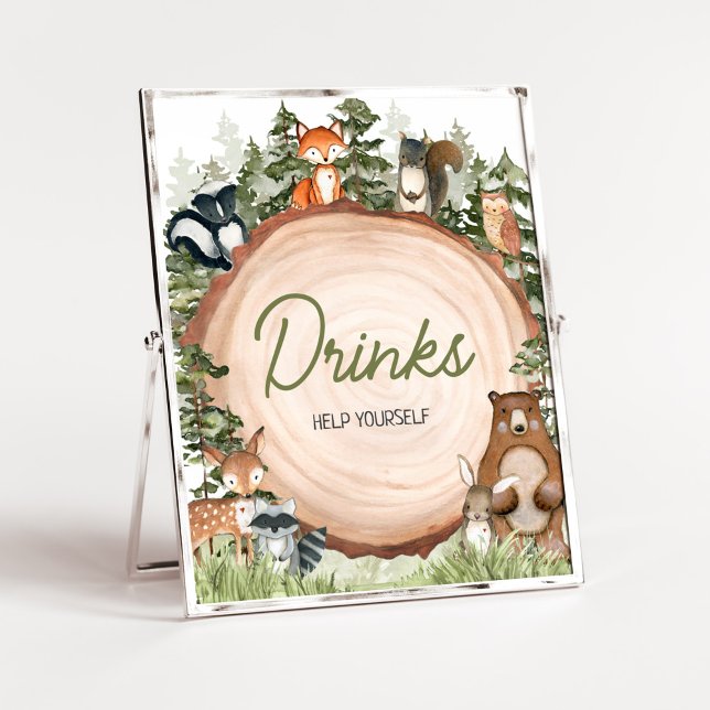 Póster Bebidas de trozos de madera para animales de bosqu (Boy Woodland Animals Baby Shower Drinks Sign)