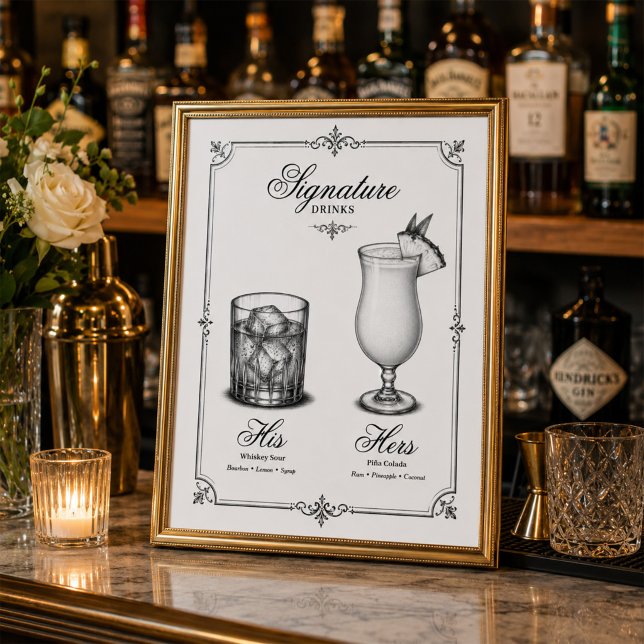Póster Bebidas Destacadas Boda De Él y Ella  (Framed wedding signature drinks sign displayed on an elegant reception bar.)