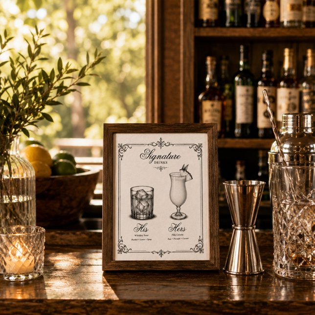 Póster Bebidas emblemáticas de boda para él y ella (A simple poster with His and Hers Signature Drinks Menu Poster. )