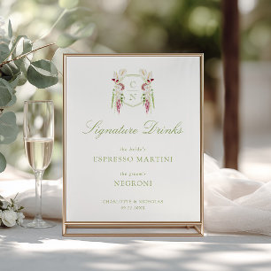 Póster Bebidas emblemáticas para bodas con monograma flor