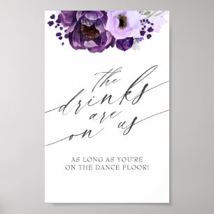 Póster Bebidas En El Rótulo Del Boda De La Floral Morada