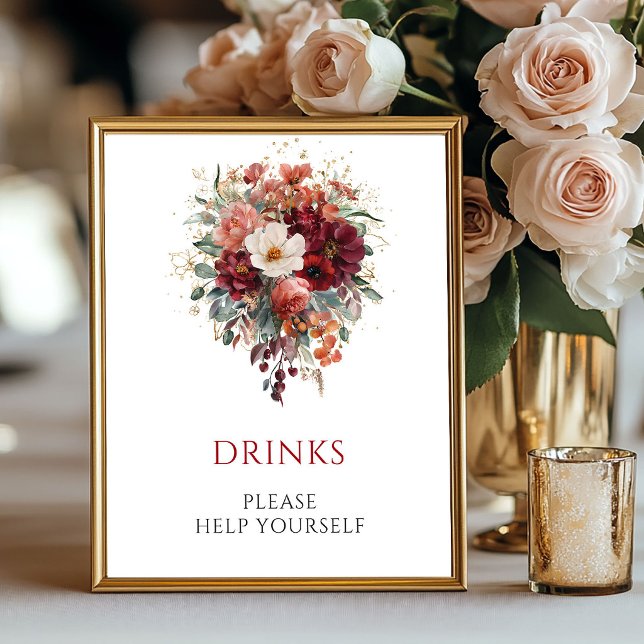 Póster Bebidas Florales Boho Marsala Eucalipto Mesa (Marsala Boho Floral Drinks Eucalyptus Tabletop

)