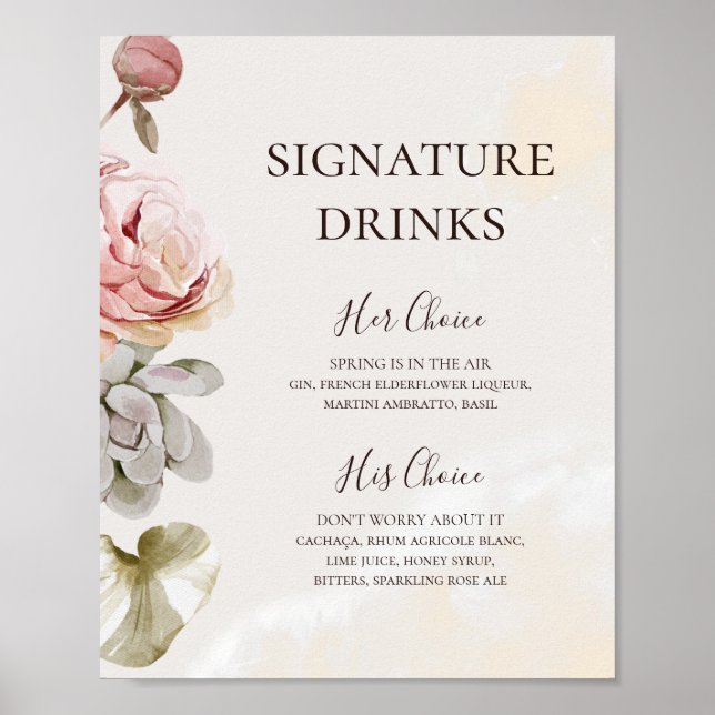 Póster Bebidas Modernas con Firma de Acuarela Floral de R (Frente)