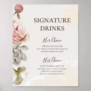 Póster Bebidas Modernas con Firma de Acuarela Floral Rosa
