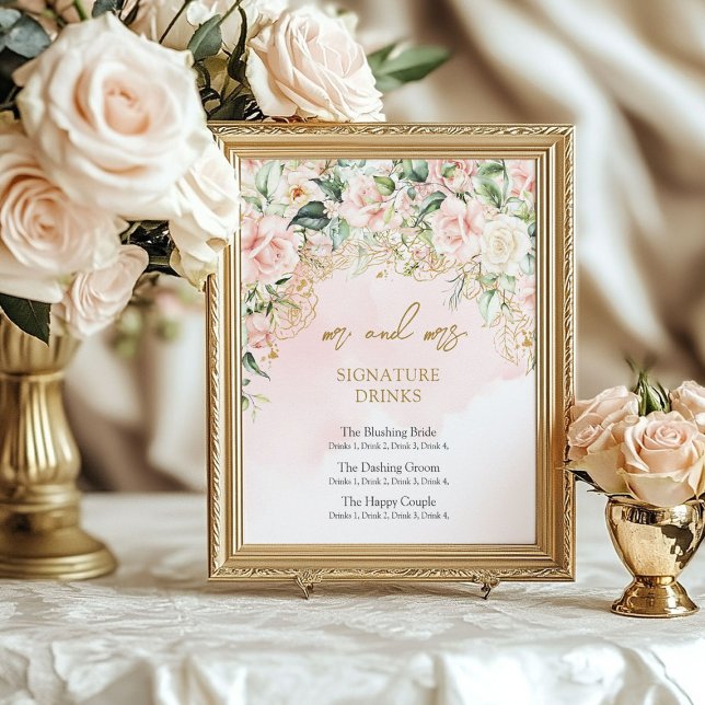 Póster Bebidas modernas con firma dorada y rosa suave (Modern soft pink and gold signature drinks poster)