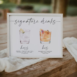 Póster bebidas modernas con firma letrero de boda letrero