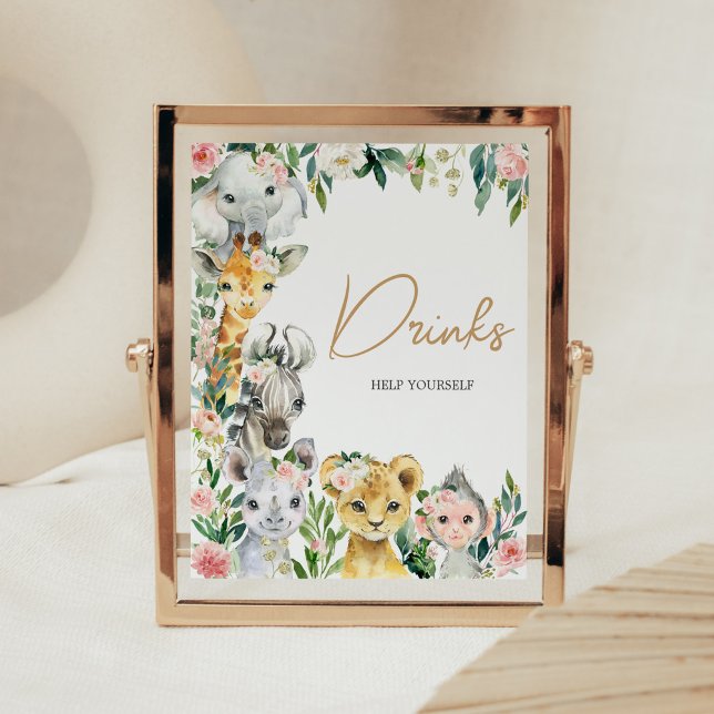 Póster Bebidas salvajes de Baby Shower con Safari floral (Greenery Floral Wild One Baby Shower Drinks Sign)