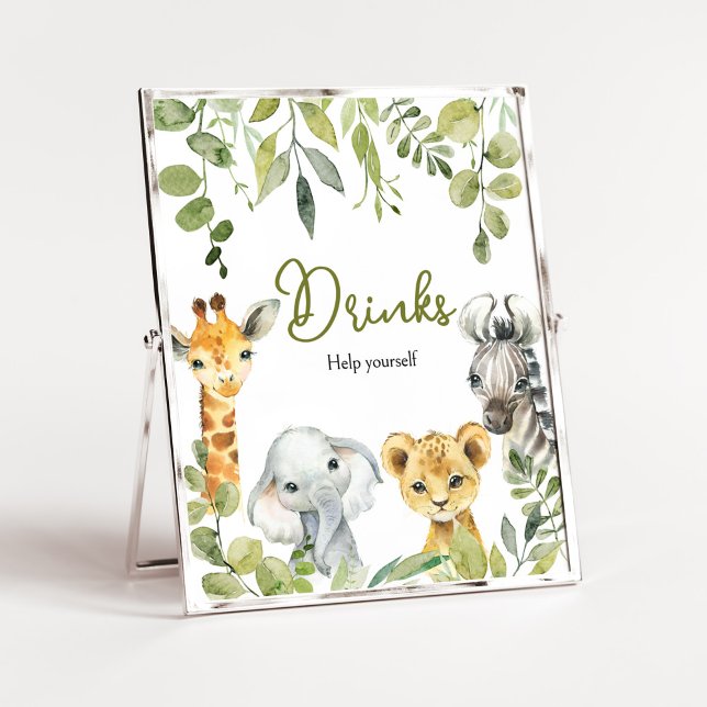 Póster Bebidas salvajes de Safari en una jungla (Greenery Animals Baby Shower  Drinks Sign)
