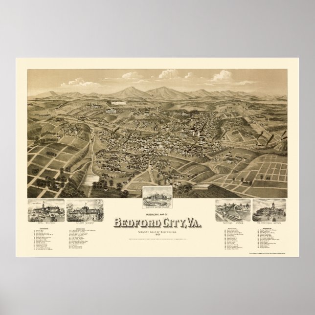 Póster Bedford City, VA Panoramic Map - 1891 (Frente)