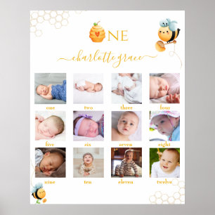 Póster Bee 1º cumpleaños 12 meses Collage de fotos Blanco