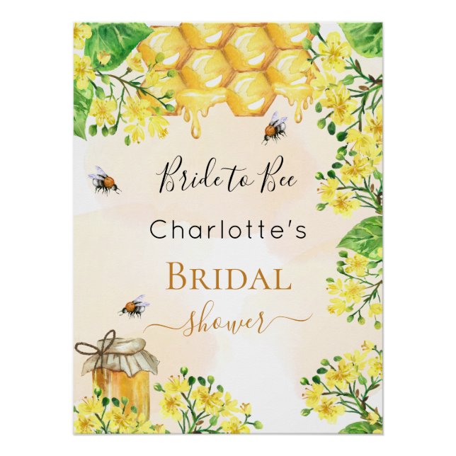 Póster Bee Bridal Shower bride to bebe florals amarillas (Anverso)
