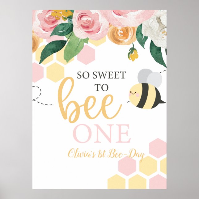Póster Bee Day Bumblebee 1er cumpleaños floral rosa (Frente)