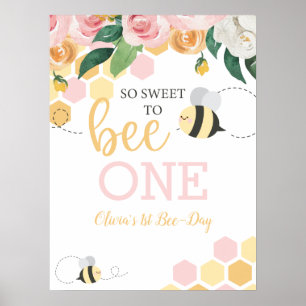 Póster Bee Day Bumblebee 1er cumpleaños floral rosa