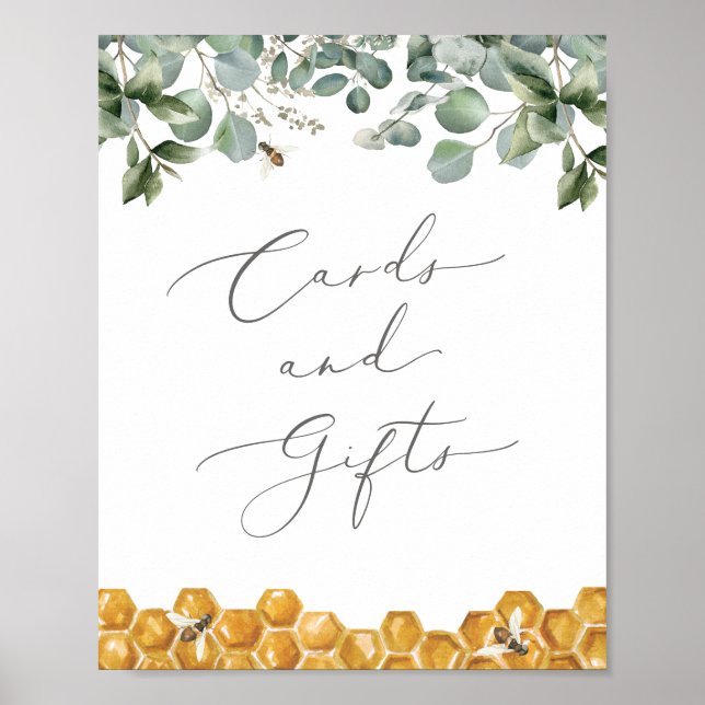 Póster Bee Greenery Baby Shower Cards and Gifts Rótulo (Frente)