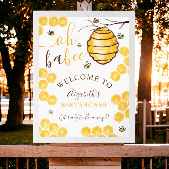 Póster Beehib de abeja de miel de cortesía bienvenida con (Cute honeycomb beehive welcome baby shower poster)