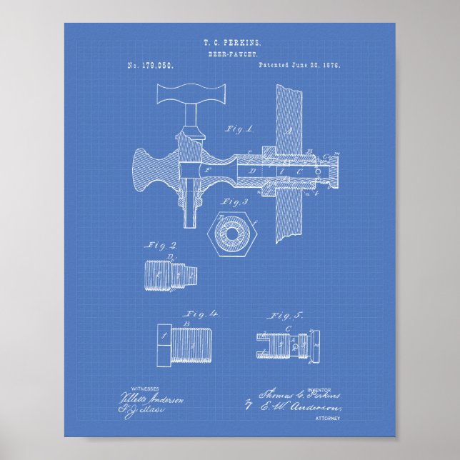 Póster Beer Faucet 1876 Patent Art Blueprint (Frente)