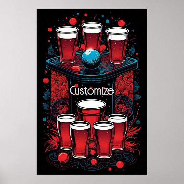 Póster Beer Pong de Cups Rojas Personalizadas (Frente)